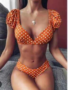 WeWoreWhat Orange Polka Dot Puff-Sleeve Bikini Top